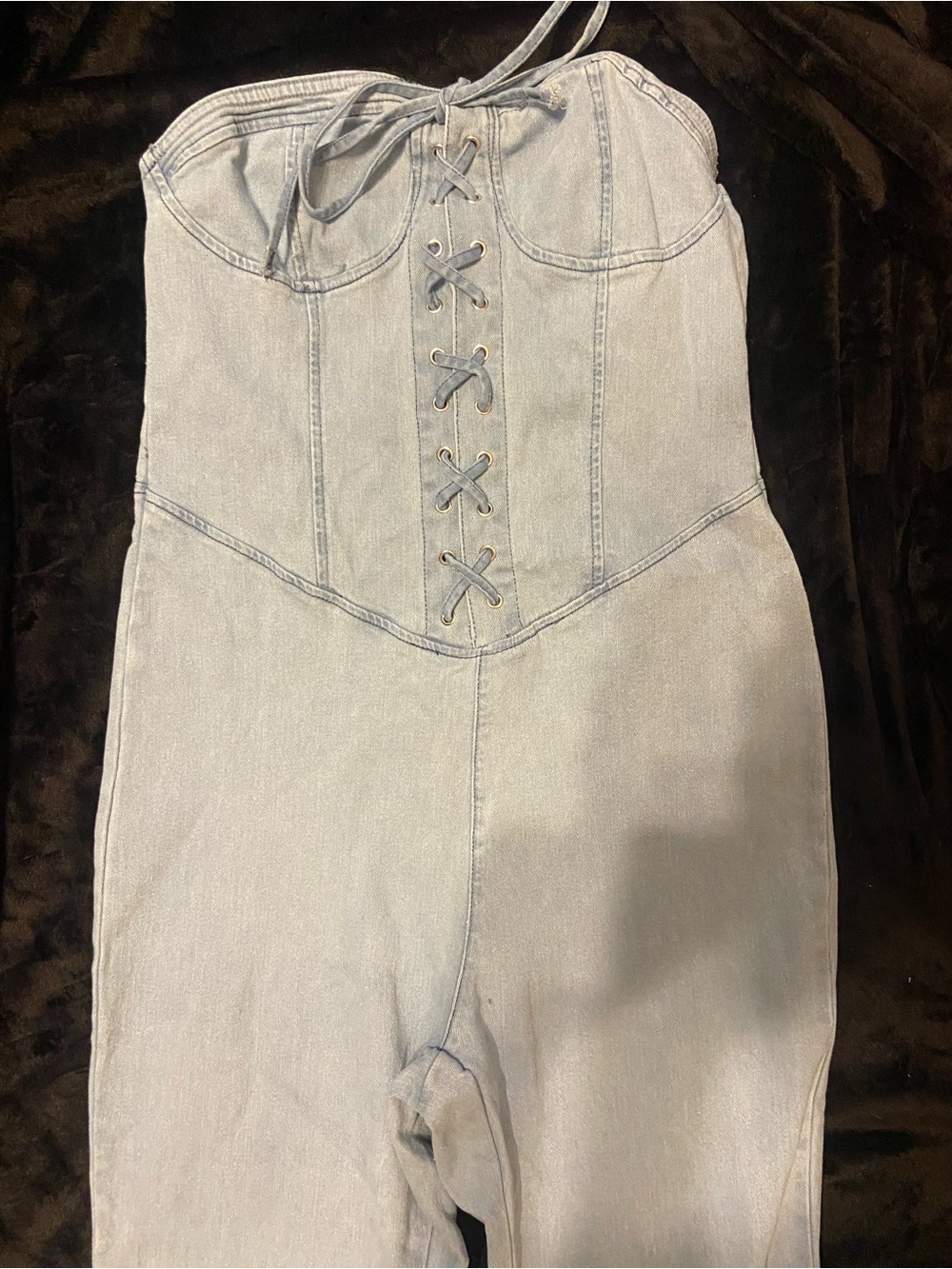 Denim Lace-Up Strapless Women’s Jumpsuit — Light Blue